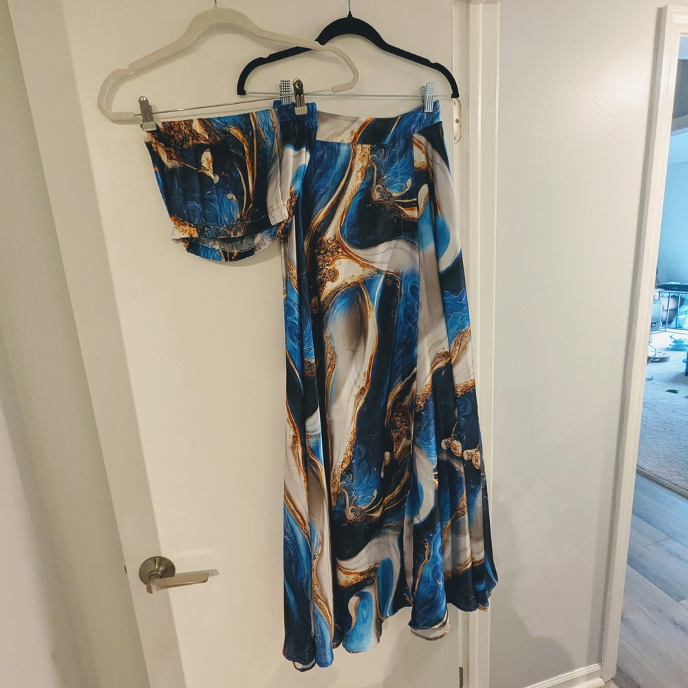 NWOT 3-Piece Blue and Gold Maxi Dress Set